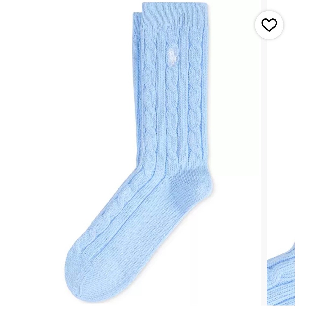 Polo Ralph Lauren Womens Cable Knit Crew Socks Light Blue Embroidered Pony 9-11
